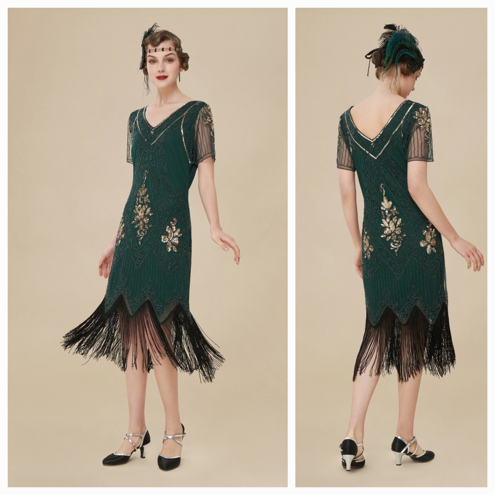 New Women's Green And Gold Beaded Flapper Fringe Cocktail Dress. Size L